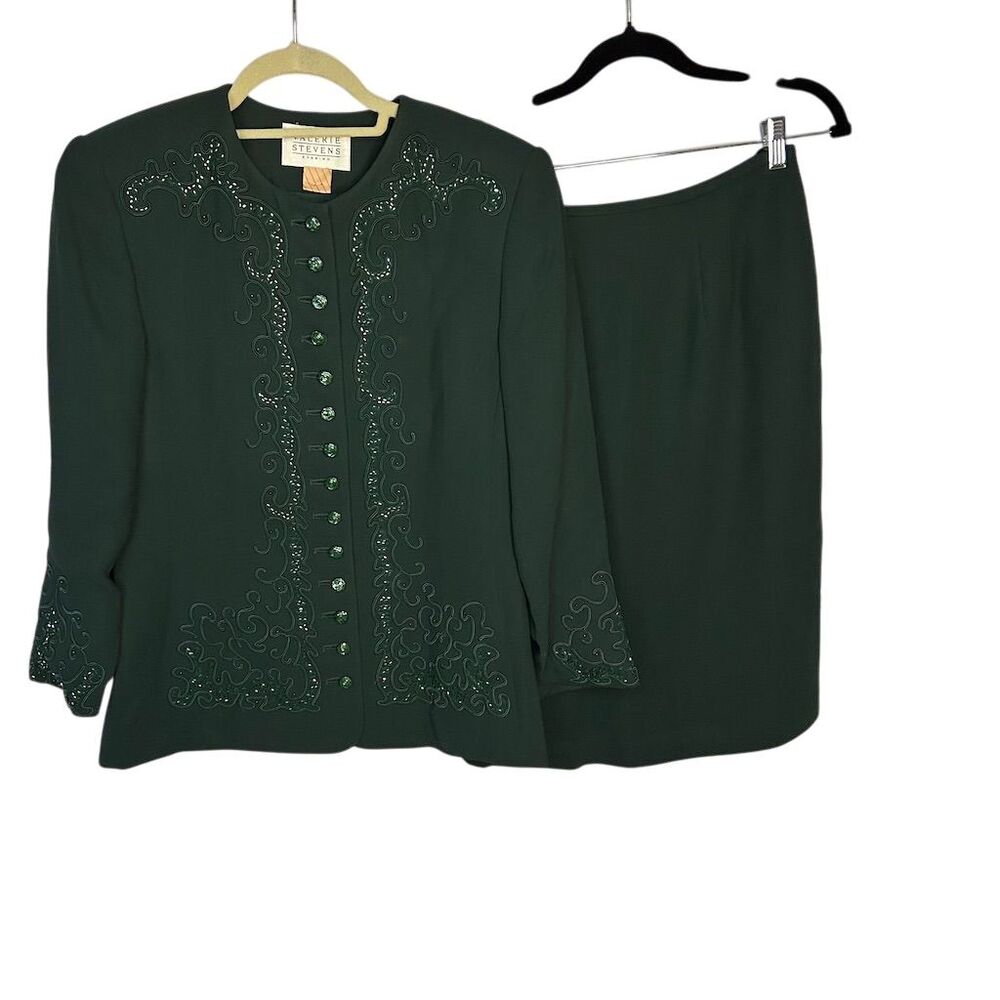 Valerie Stevens Evening Women's Vintage Green Skirt & Jacket Set Size 8 Beaded